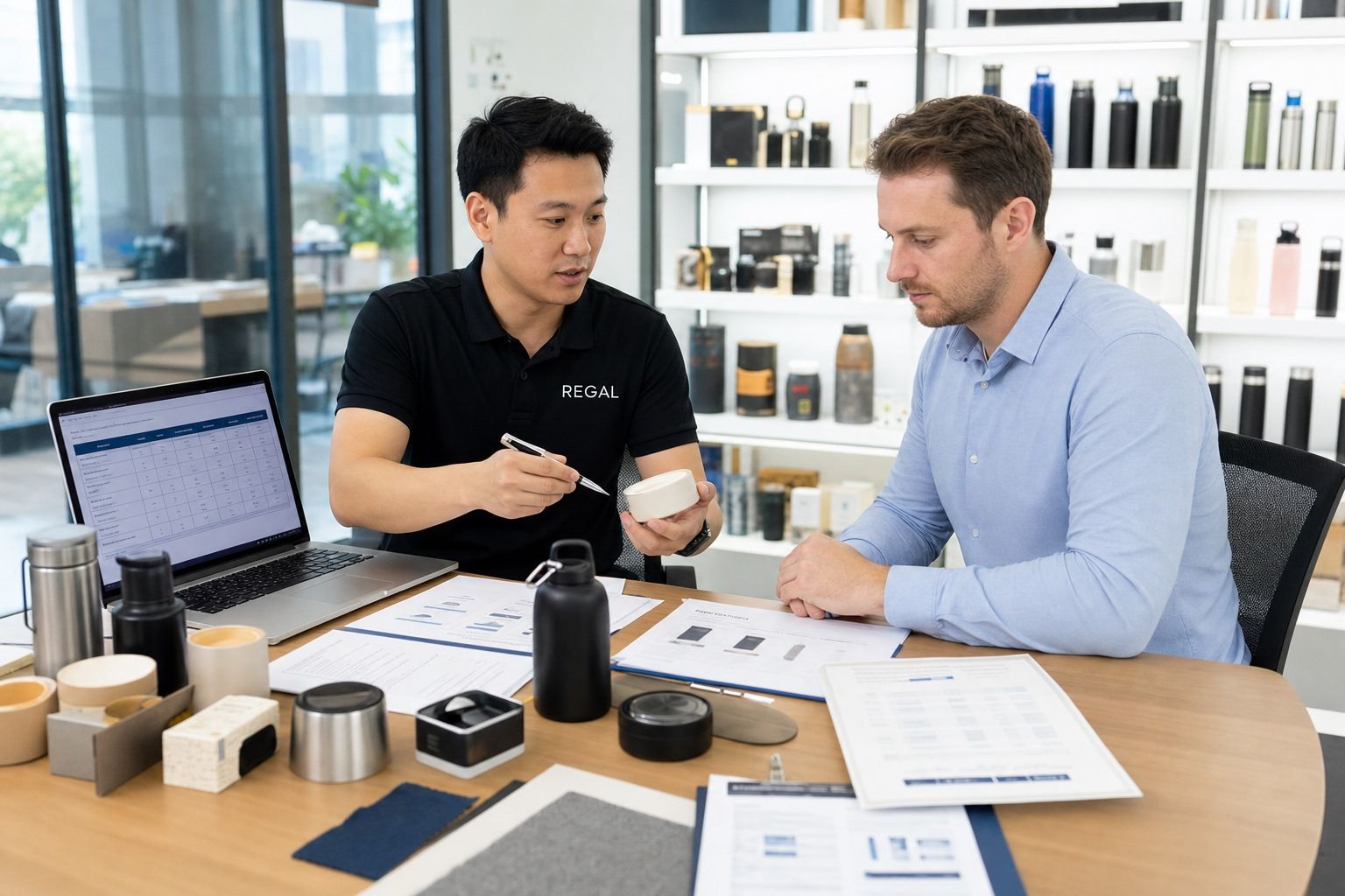 REGAL Sourcing product sourcing specialist comparing samples and supplier quotations with an international buyer